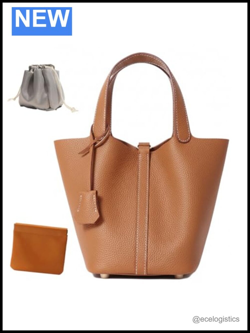 Genuine Leather Bucket Bag Top-Handle Satchel Handbag with Lock